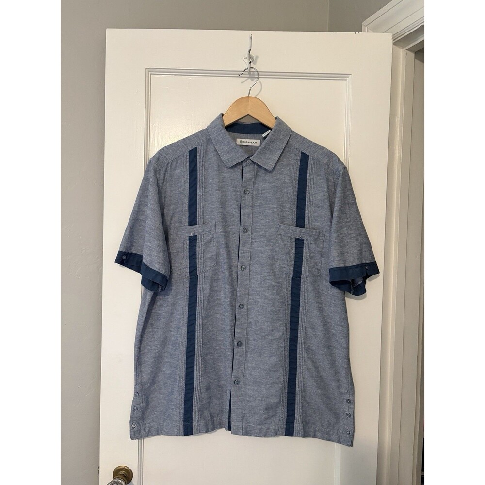Cubavera Large Blue Linen Blend Guayabera Tropical Beach Camp Shirt Button Down